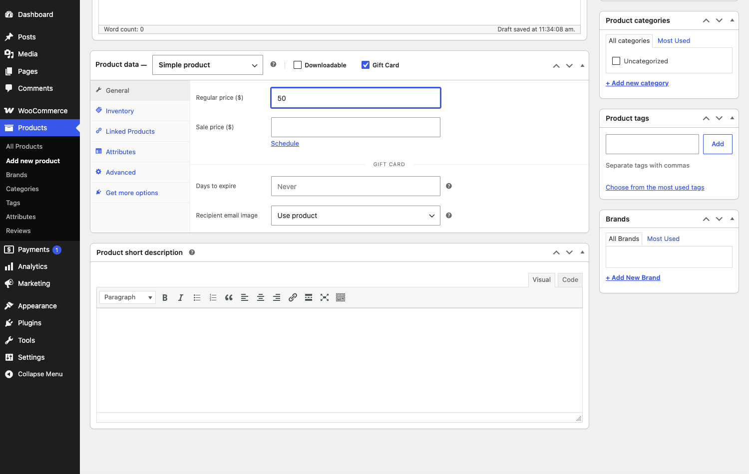 Marking a WooCommerce product as a gift card WooCommerce Gift Cards product data panel with the Gift Card checkbox ticked, showing the regular price field, the Days to expire setting defaulting to Never, and the recipient email image option