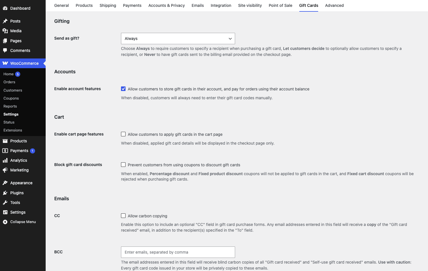 The WooCommerce Gift Cards settings tab with gifting, accounts, cart, and email options WooCommerce Settings Gift Cards tab showing the Gifting, Accounts, Cart, block gift card discounts, and Emails configuration sections