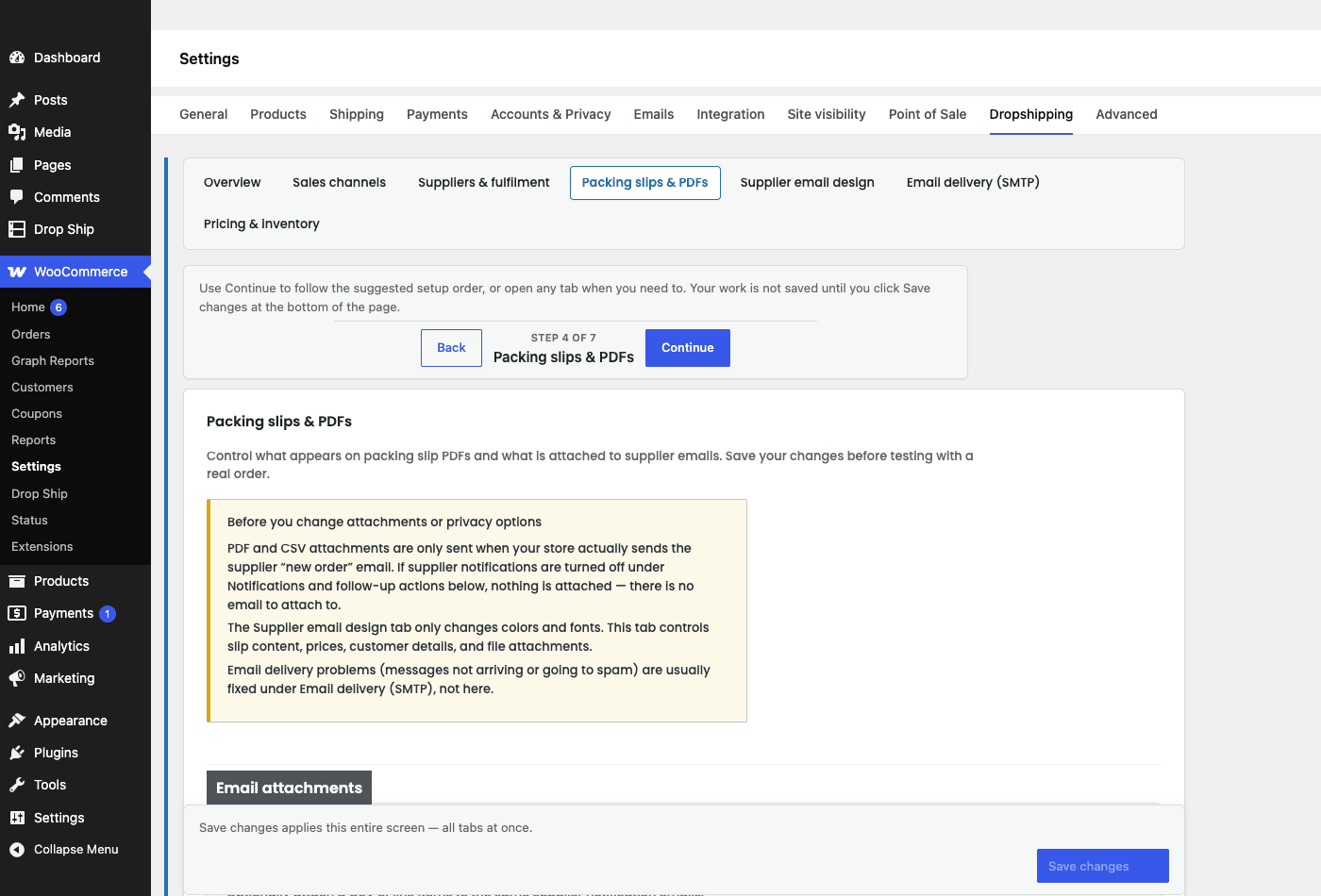 WooCommerce » Settings » Dropshipping » Packing slips The Packing slips and PDFs settings tab, controlling what attaches to the supplier new-order email