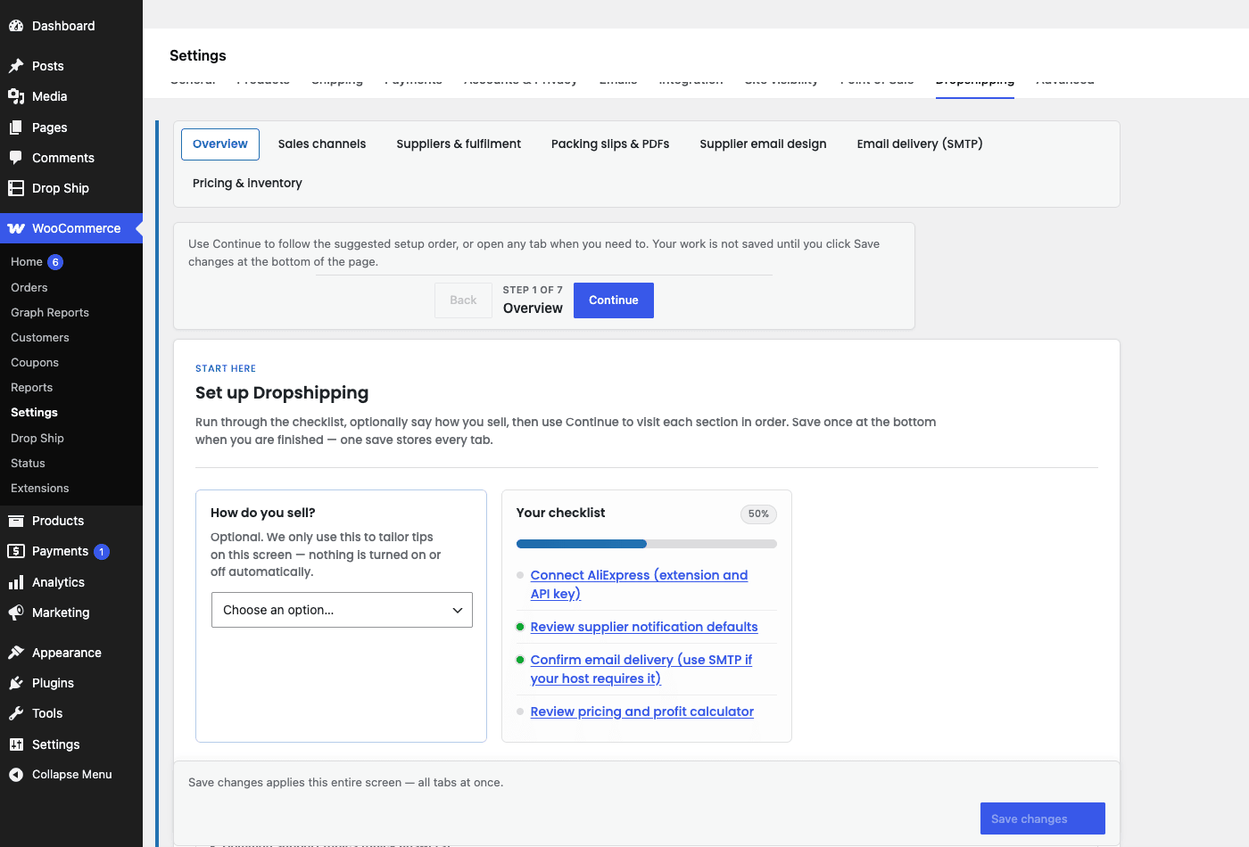WooCommerce » Settings » Dropshipping The WooCommerce dropshipping setup wizard: the Dropshipping settings tab with the AliExpress, supplier notification, email delivery, and pricing checklist