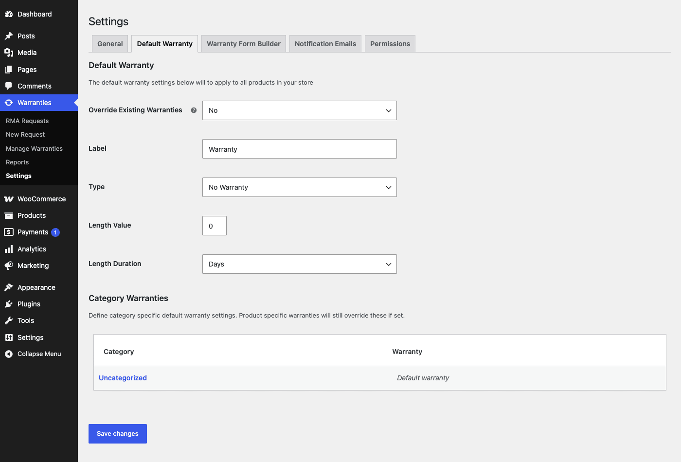 Warranties » Settings » Default Warranty The Default Warranty settings tab showing the store-wide warranty label, type, length value and duration, plus the per-category Category Warranties table