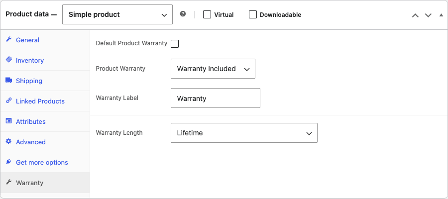 The product editor's Warranty tab The per-product Warranty data tab in the WooCommerce product editor with the type dropdown set to Warranty Included and the length set to Lifetime