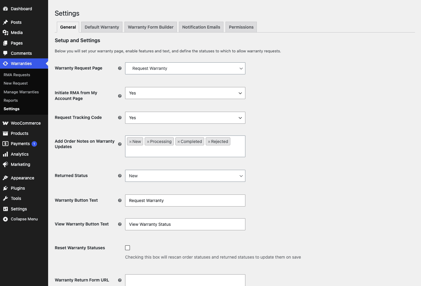 Warranties » Settings » General WooCommerce returns and warranty settings: the General tab with RMA code format, the Initiate RMA from My Account toggle, and the refund and coupon request switches