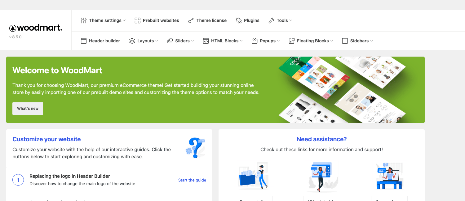 The WoodMart control center in the WordPress admin The WoodMart dashboard welcome screen with the top navigation linking to Theme settings, Prebuilt websites, Header builder, and quick-start guides