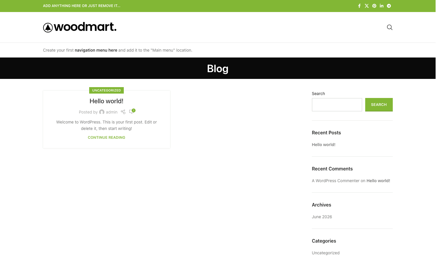 WoodMart applied on the front-end, the header-builder output rendered live A WoodMart-themed store front-end showing the green promo top bar with social icons, the WoodMart logo header, a styled blog layout, and a branded footer with payment icons