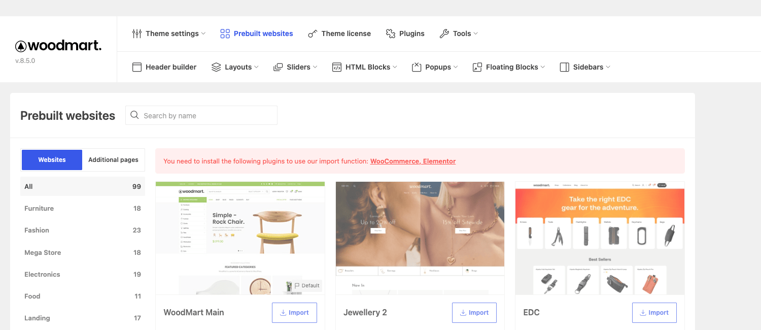 The WoodMart prebuilt websites import library The WoodMart prebuilt websites library showing a grid of importable demo sites like Jewellery, EDC, Keyboards, Electronics, and Fashion with category filters