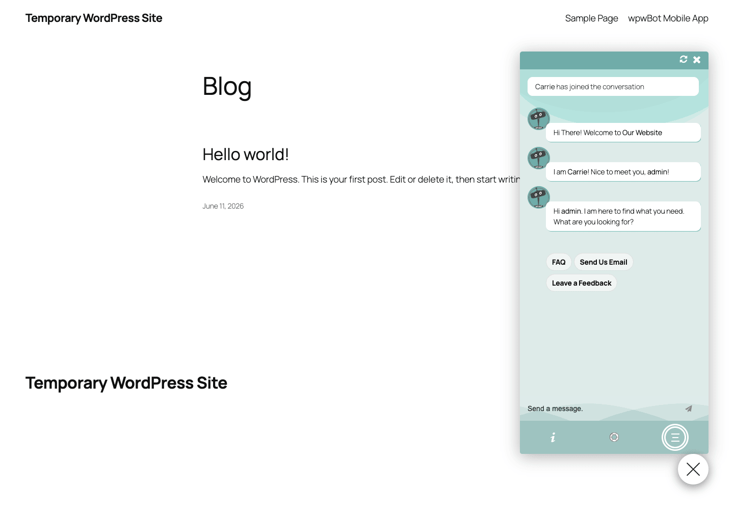 WPBot Pro chat widget The WPBot Pro chat widget open on a website