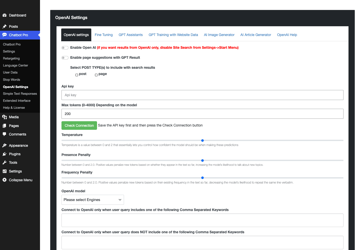 WPBot Pro OpenAI settings WPBot Pro OpenAI ChatGPT settings