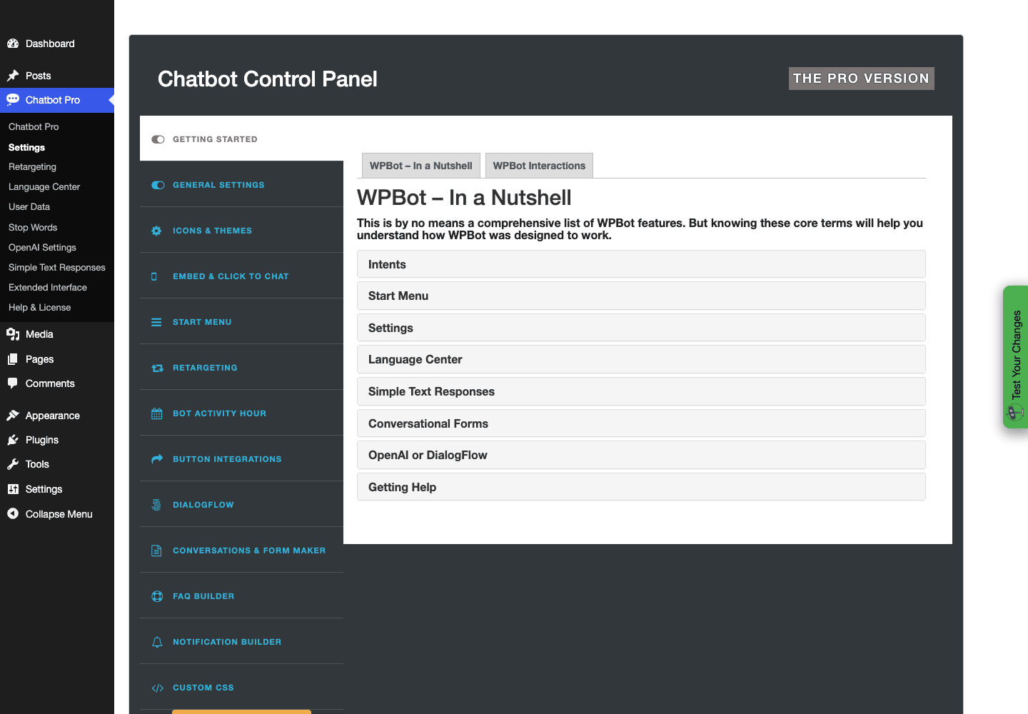 WPBot Pro settings The WPBot Pro response-mode settings