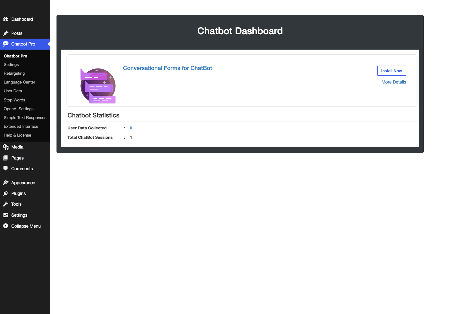 WPBot Pro dashboard The WPBot Pro Chatbot dashboard