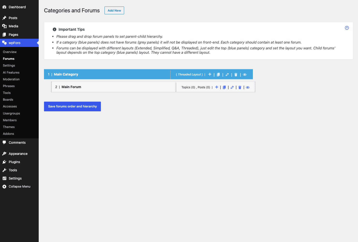 wpForo Categories and Forums management with drag-and-drop hierarchy