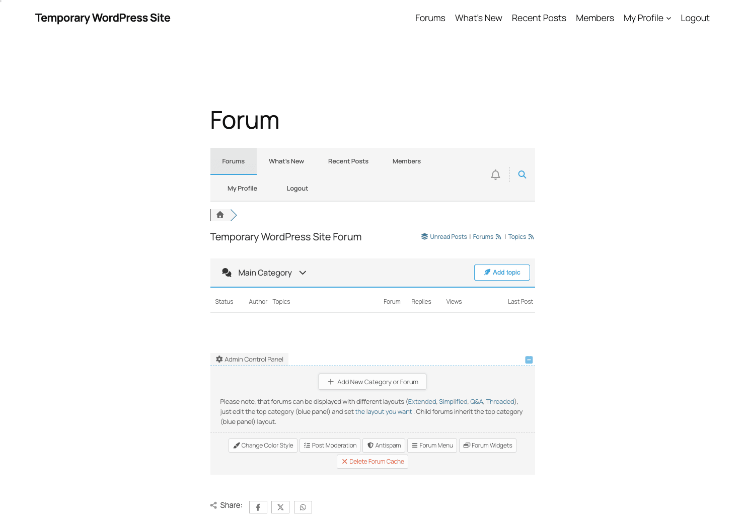 The wpForo front-end forum with its navigation and forum list