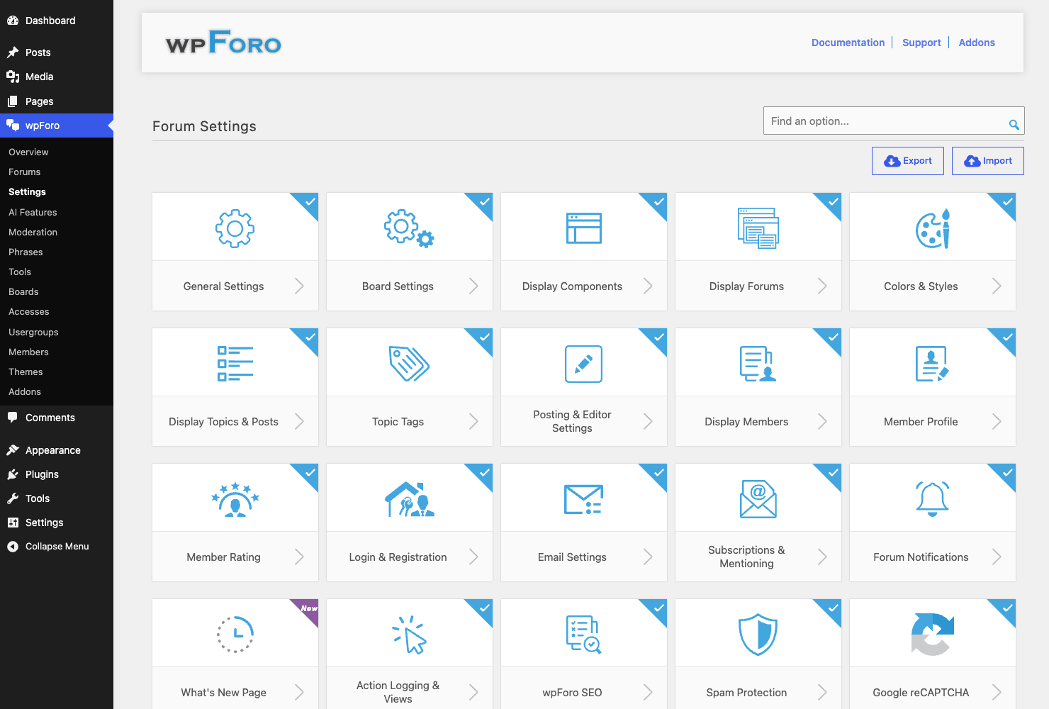 wpForo Settings hub with all forum configuration groups