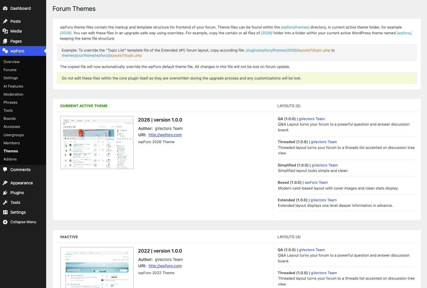 wpForo forum layouts: Extended, Simplified, Q&A, Threaded, and Boxed