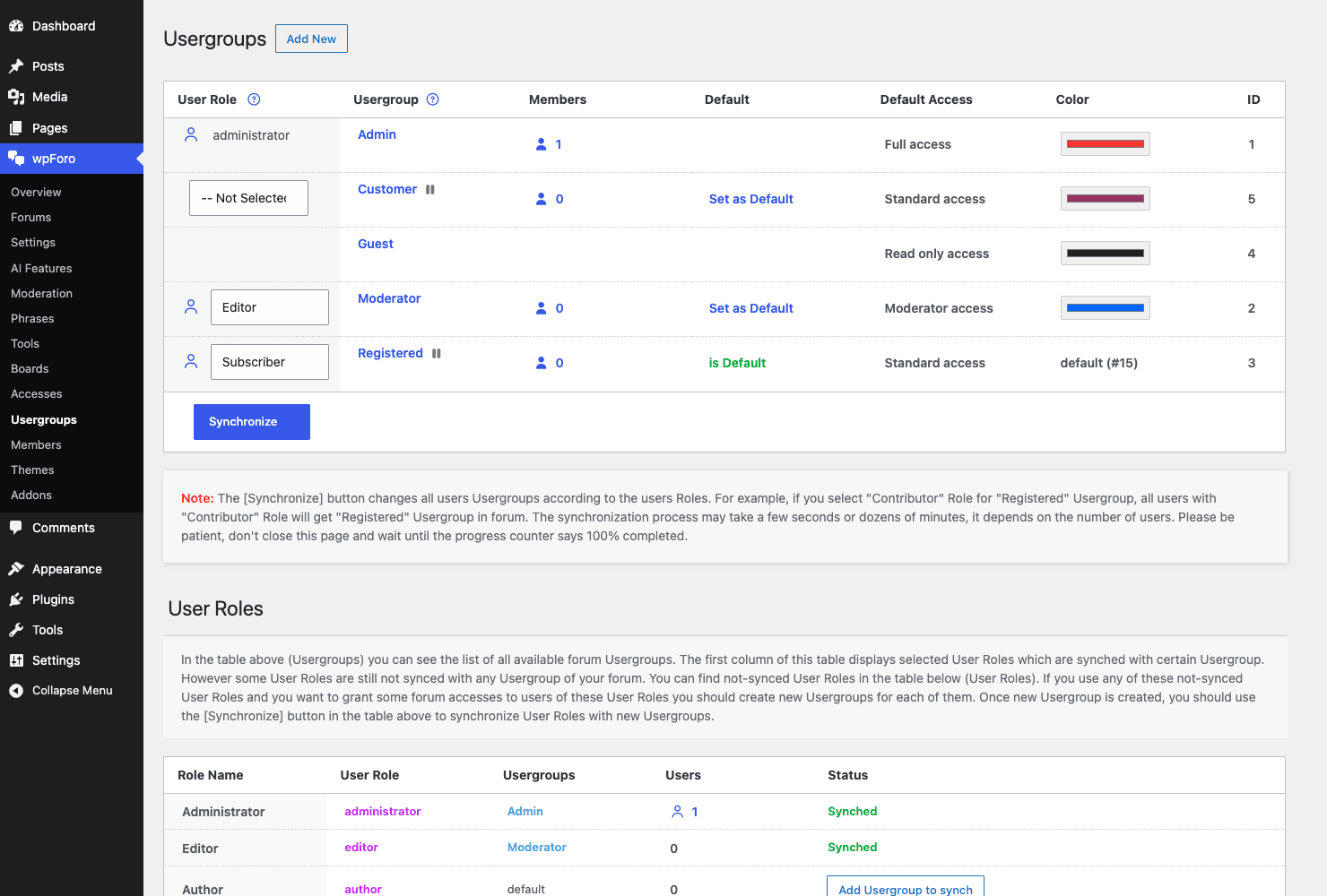 wpForo usergroups, access levels, and WordPress role mapping