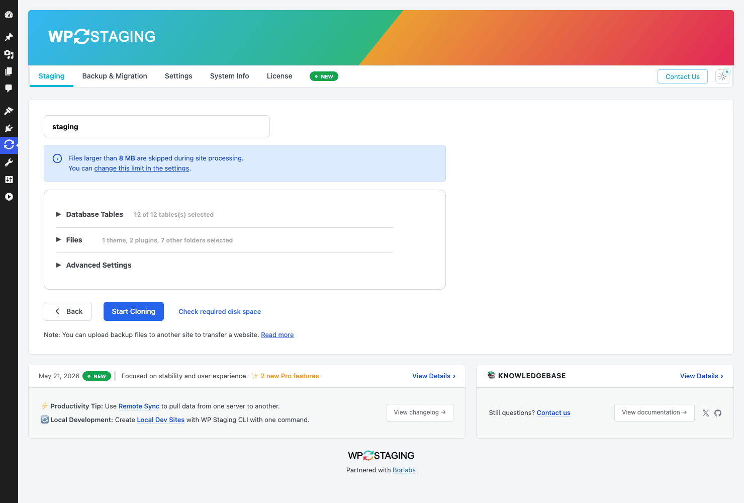 The WP Staging Pro create-staging wizard with database and file selection