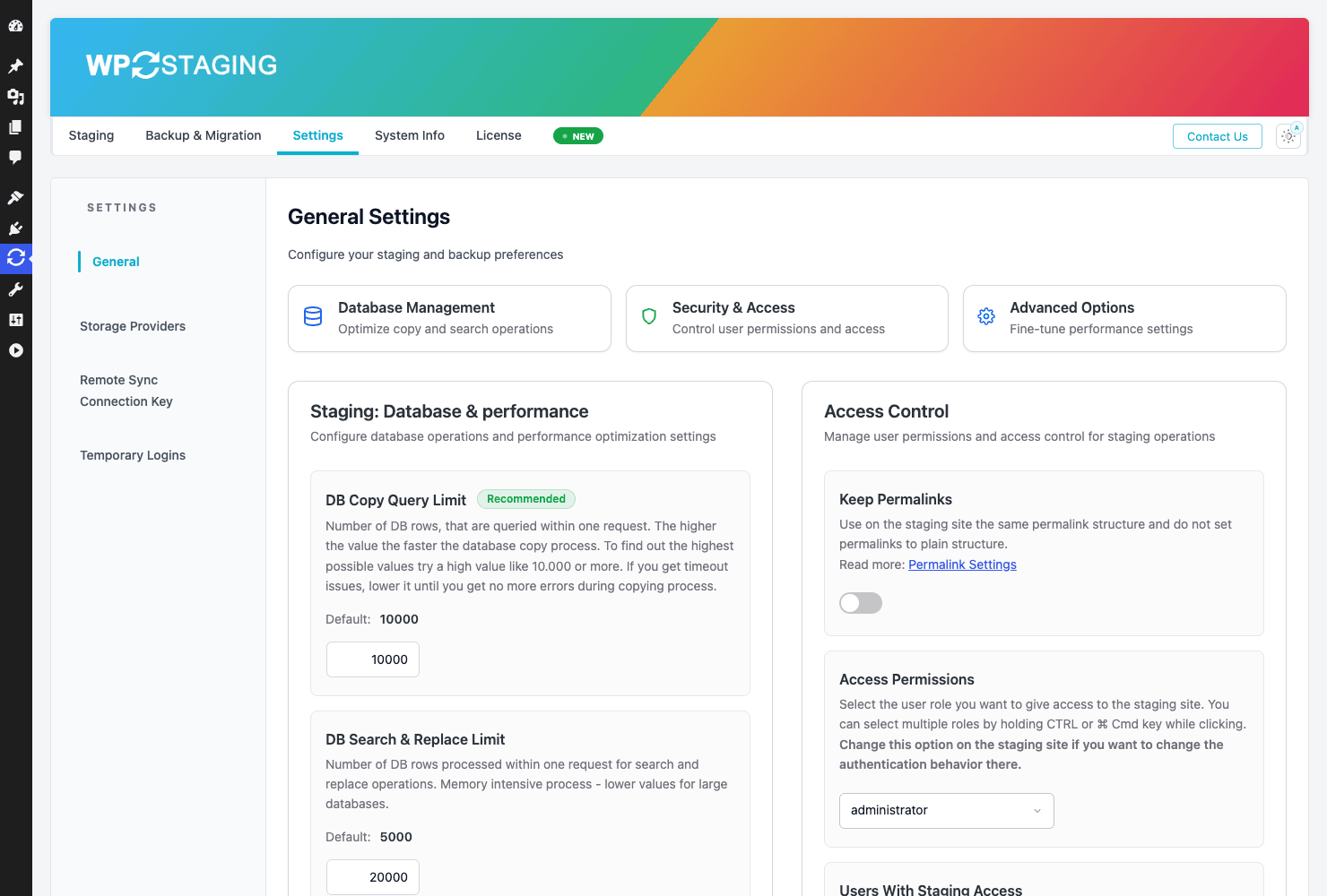 WP Staging Pro settings with database limits and staging access control