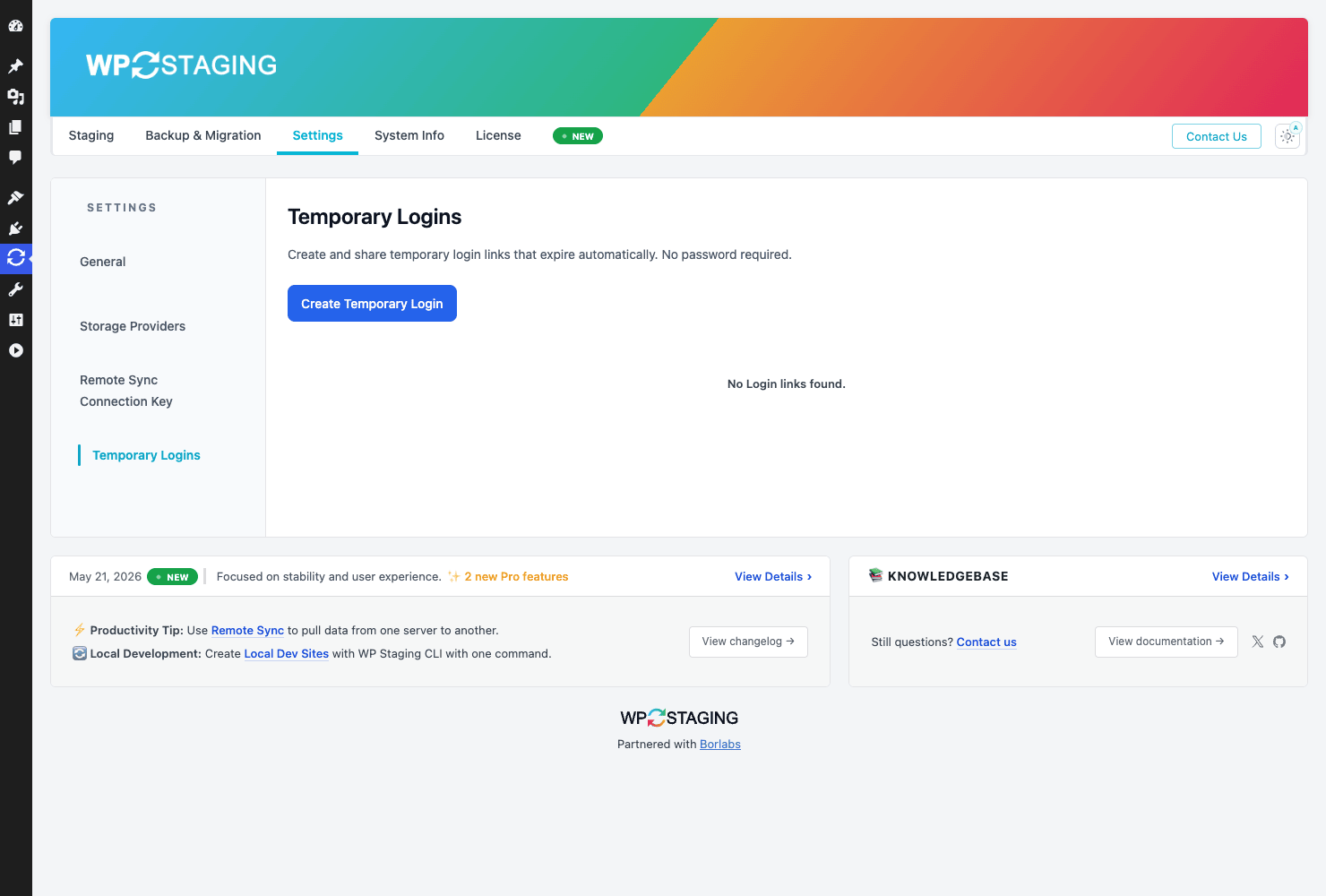 WP Staging Pro temporary login links