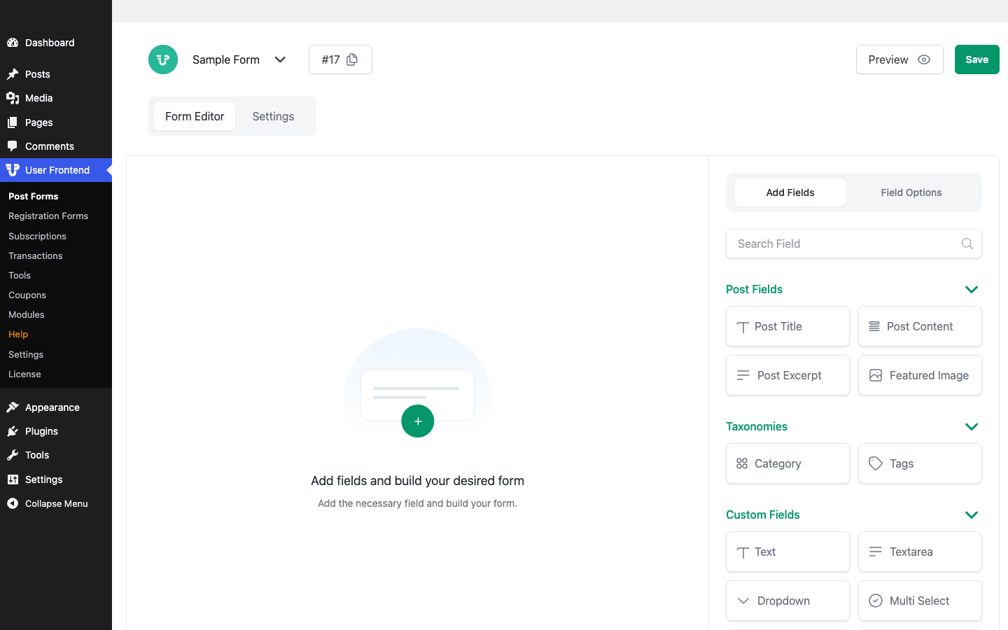 The WPUF drag-and-drop form builder maps form fields to post data The WP User Frontend Pro form builder with the Add Fields panel showing post fields, taxonomies, and custom fields