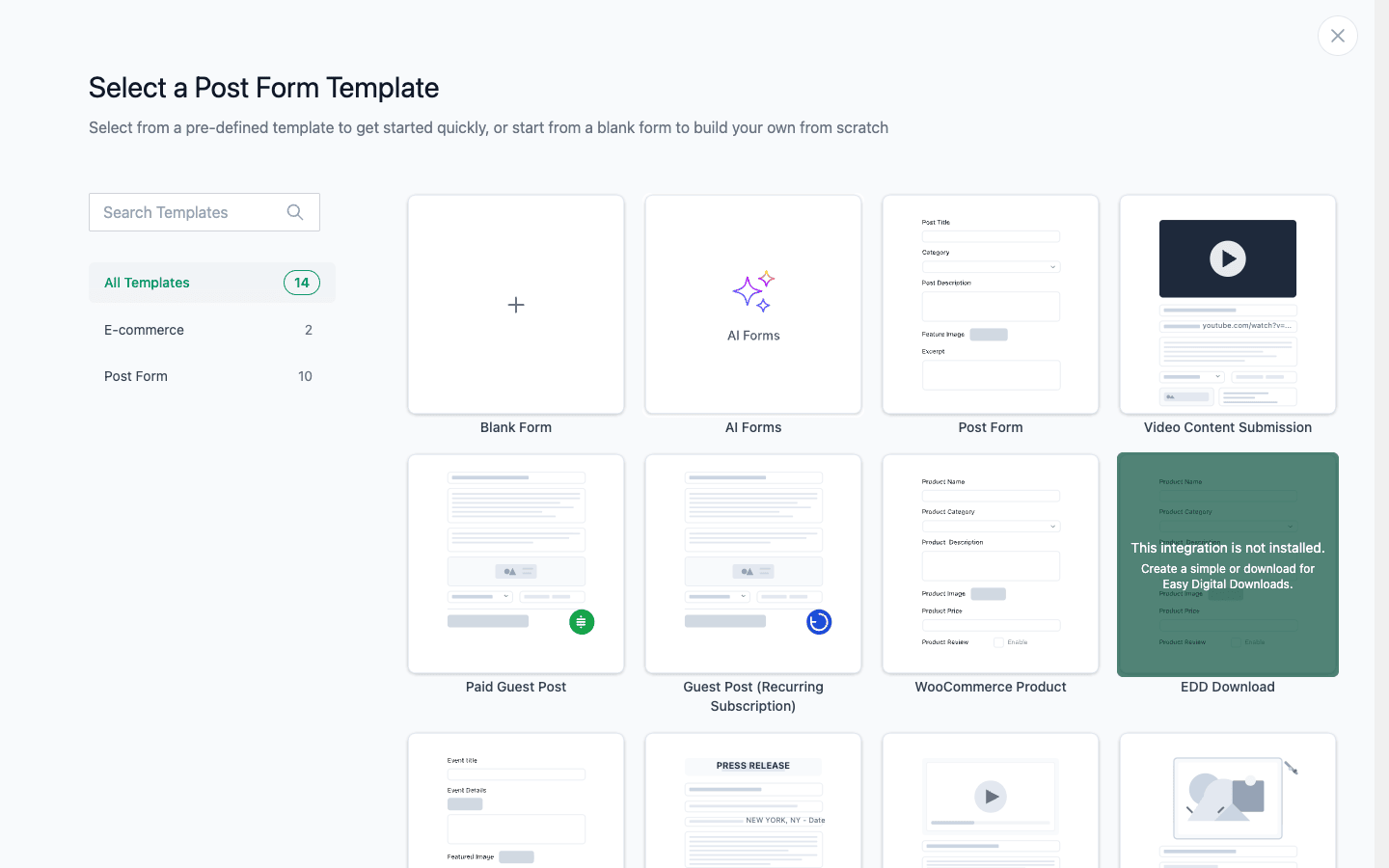 WPUF ships post form templates for guest posts, products, video, and more The WP User Frontend Pro post form template library showing options like Guest Post, WooCommerce Product, and Video submission