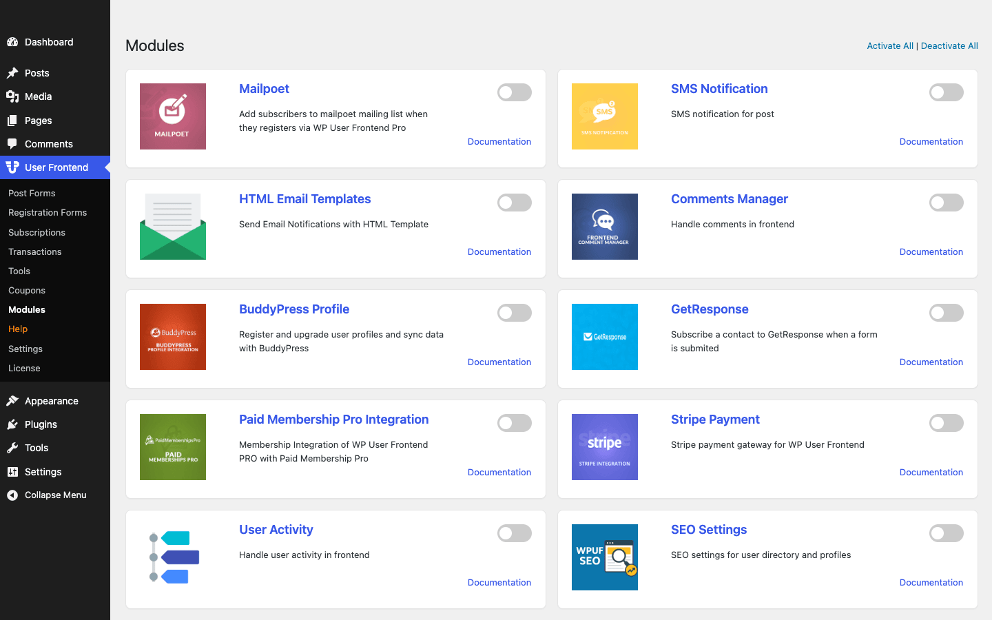 WPUF ships 21 toggleable modules so you load only what you use The WP User Frontend Pro modules screen showing toggleable feature modules like Stripe, BuddyPress, and SEO
