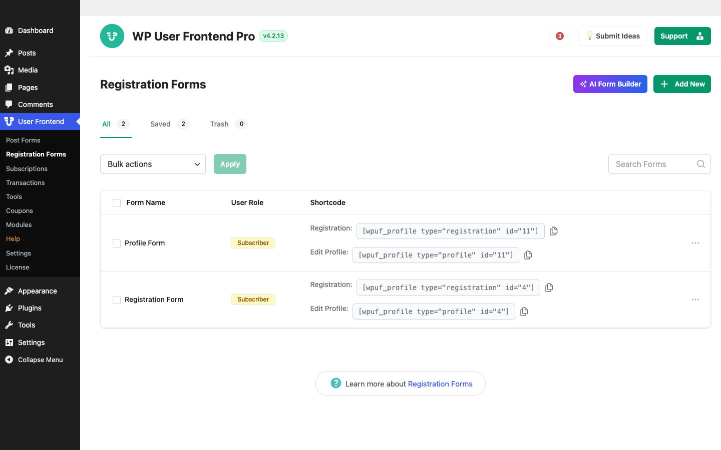 WPUF registration and profile forms with copy-paste shortcodes The WP User Frontend Pro registration forms list showing profile and registration forms with their shortcodes