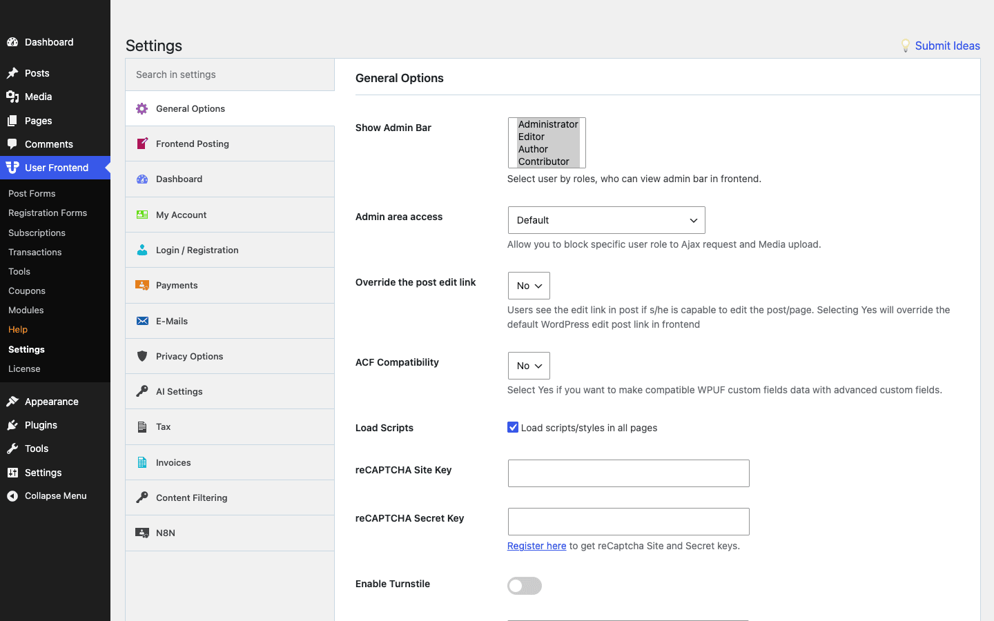 WPUF settings cover admin-bar access, posting, login, payments, and more The WP User Frontend Pro settings screen with the section navigation and general options