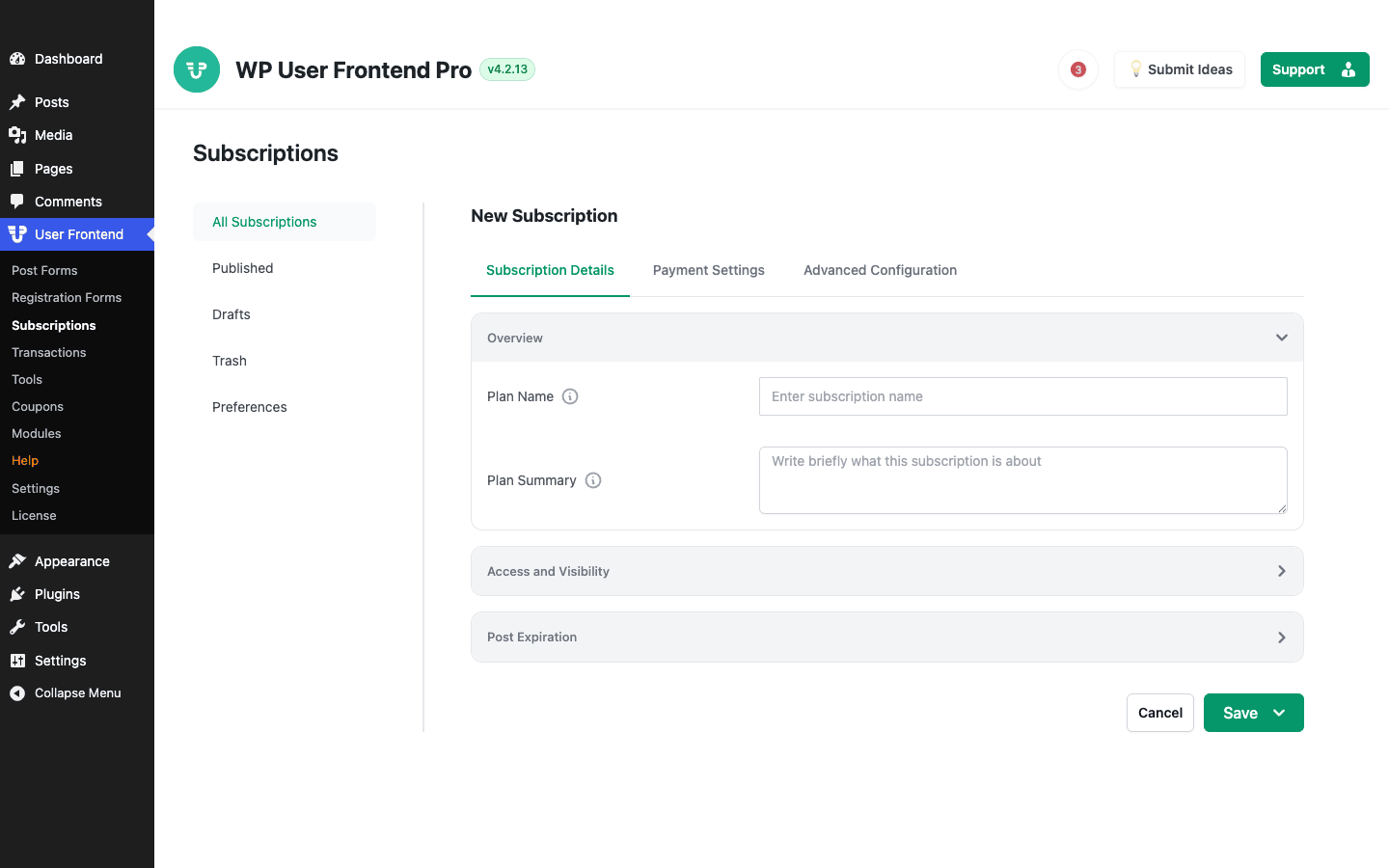 WPUF subscription packs charge for posting or content access The WP User Frontend Pro new subscription editor showing plan name, payment settings, and access tabs