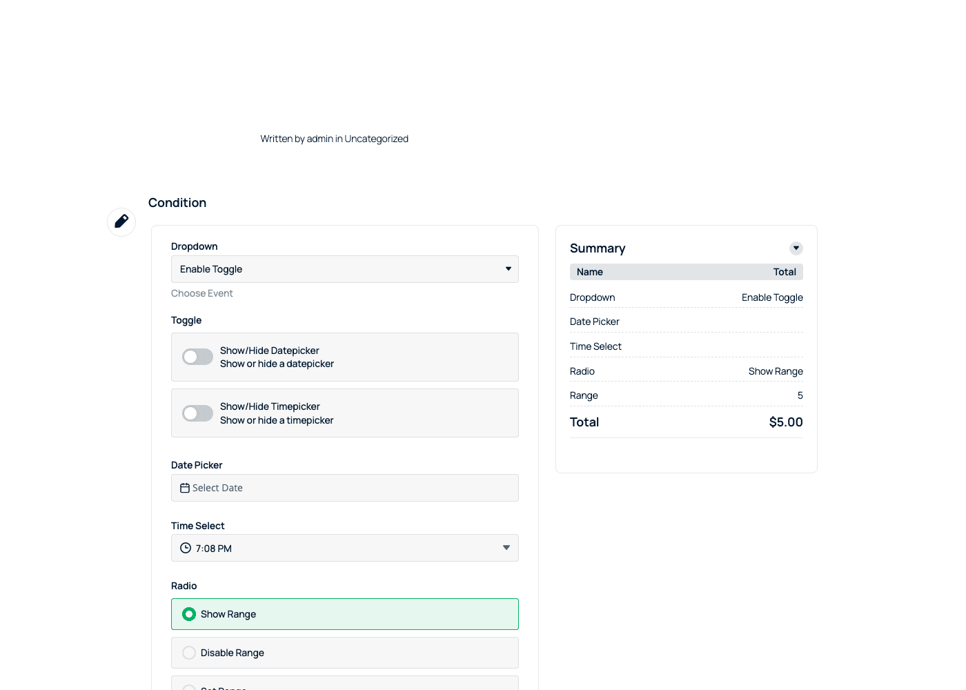 A front-end calculator with a live Summary and Total A Cost Calculator Builder calculator on the front end: a dropdown, toggles, a date picker and radio options on the left, with a live Summary panel and running Total on the right