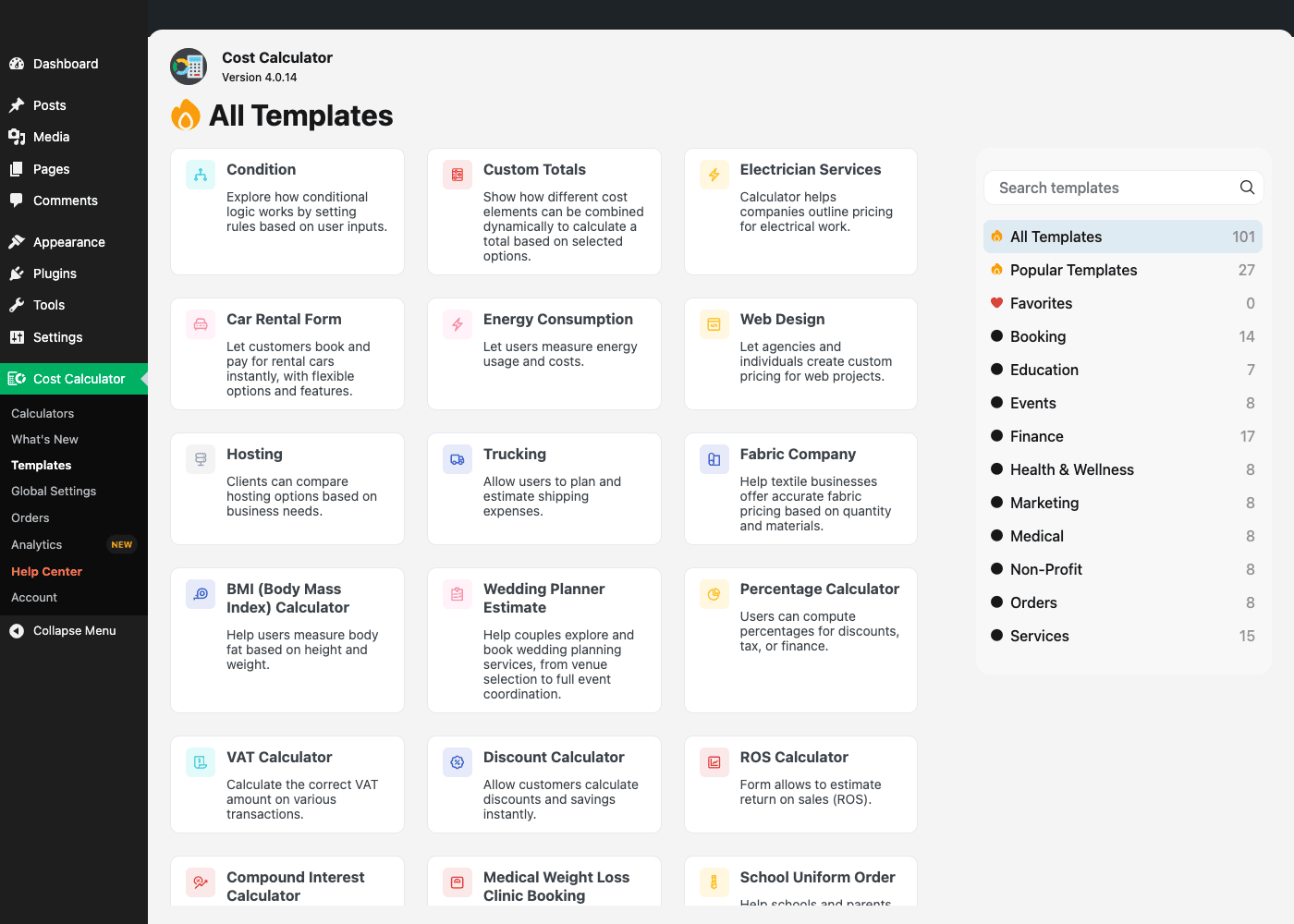 The Cost Calculator Builder templates library The Cost Calculator Builder templates library, a grid of over a hundred ready-made calculators grouped by category (Booking, Finance, Services, and more)