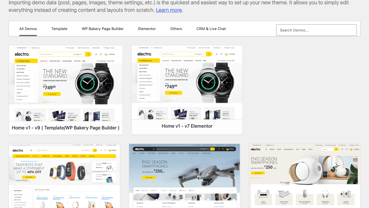 Electro demo import library Electro theme prebuilt electronics store homepages