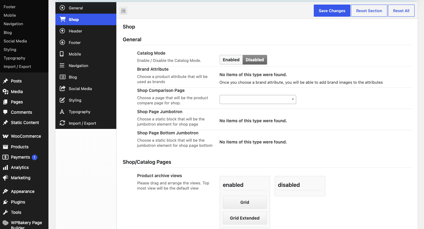 Electro Shop options tab Electro theme WooCommerce shop options