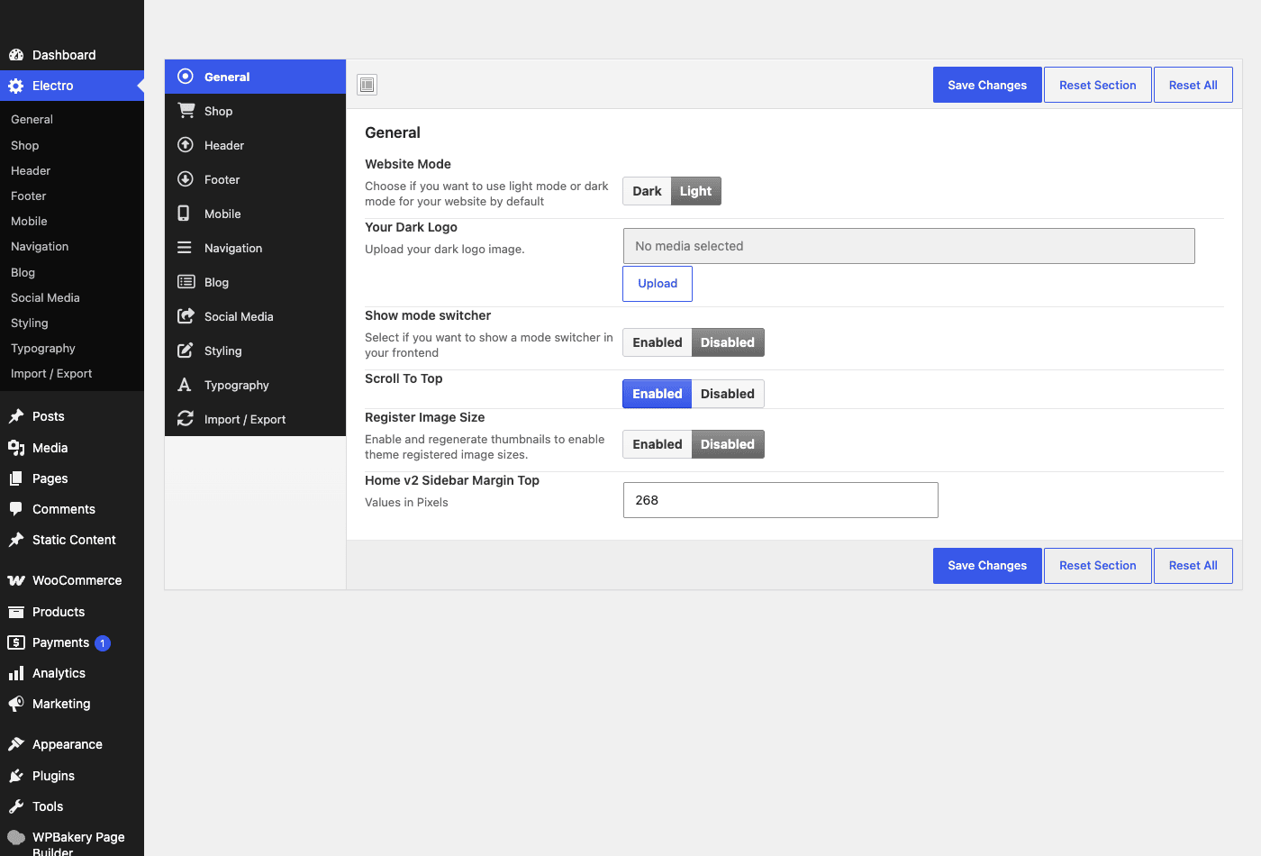 Electro Theme Options General tab Electro theme options panel with dark and light mode