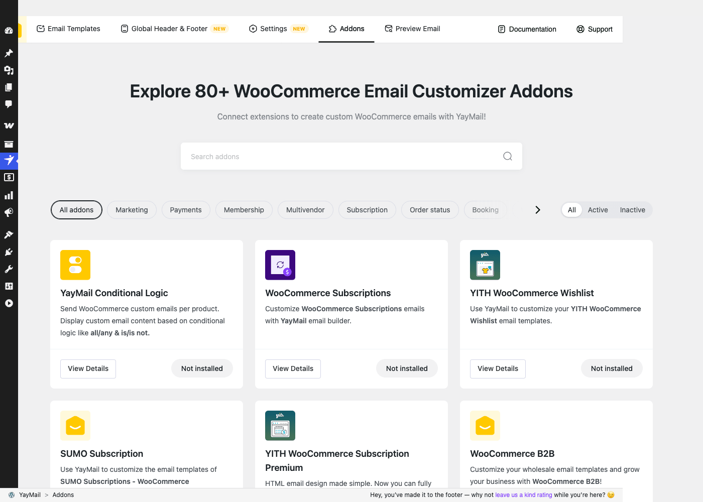 YayMail's 80+ plugin integrations The YayMail addons screen, "Explore 80+ WooCommerce Email Customizer Addons," with integration cards for Conditional Logic, WooCommerce Subscriptions, YITH, Dokan, and more, grouped by category