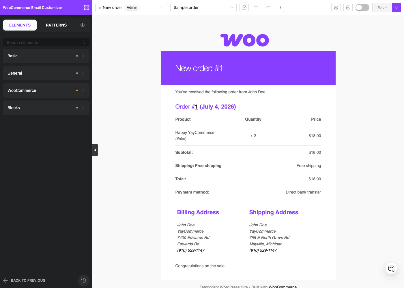The YayMail builder with a live email preview The YayMail drag-and-drop builder: the elements palette on the left (Basic, General, WooCommerce, Blocks) beside a live preview of the actual New Order email with its order table, addresses, and totals