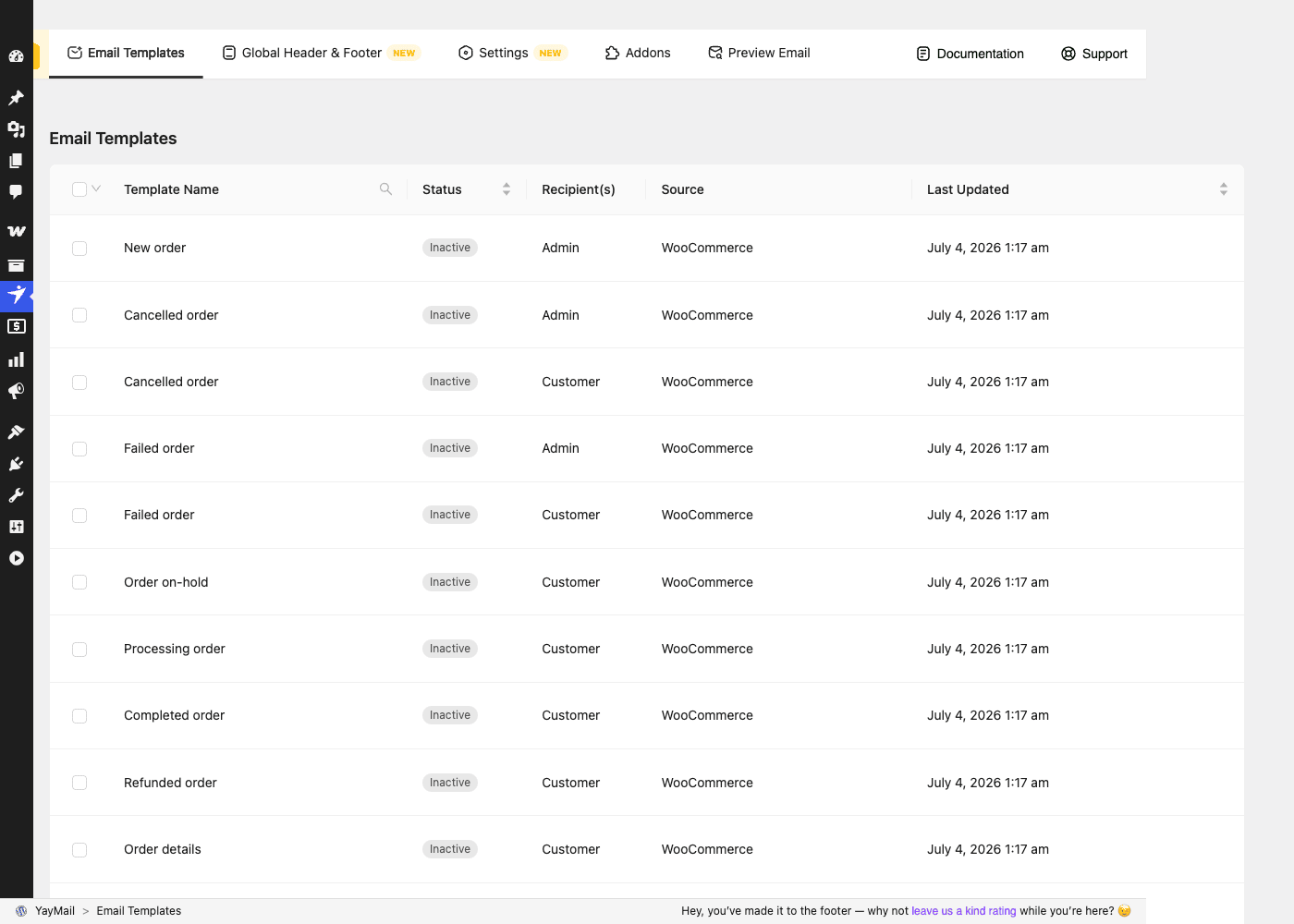 Every WooCommerce email YayMail can customize The YayMail email templates list showing every WooCommerce transactional email (New order, Cancelled, Failed, Processing, Completed, Refunded) with its status, recipient, and source
